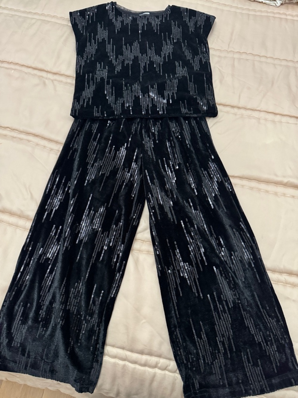 Zara Black Sequin-Stripe Wide-Leg Jumpsuit